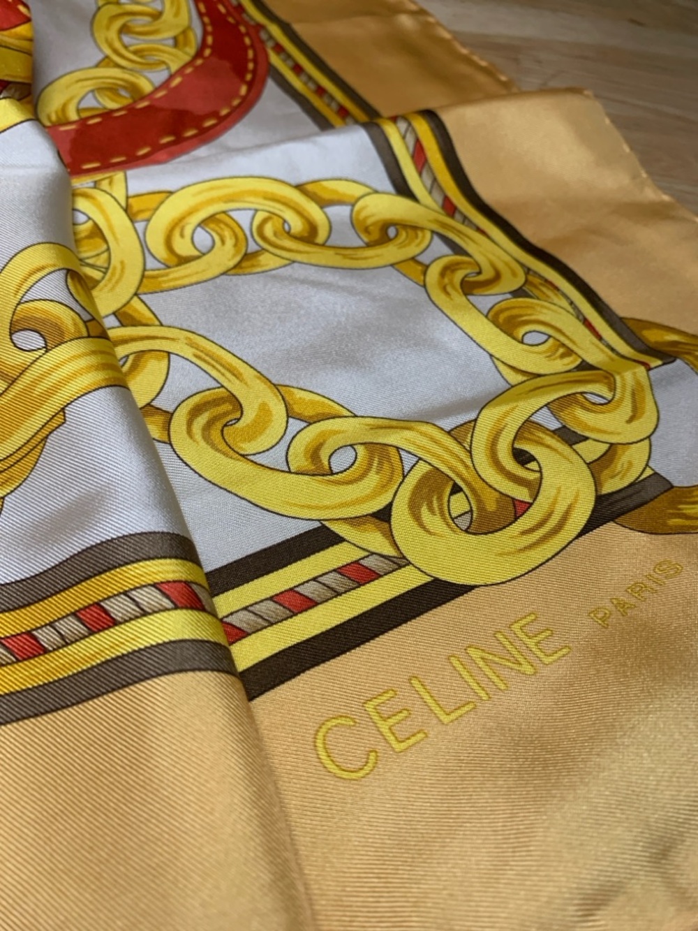 Celine Yellow, Cream & Red Gold Chain Silk Scarf - Picture 14 of 17